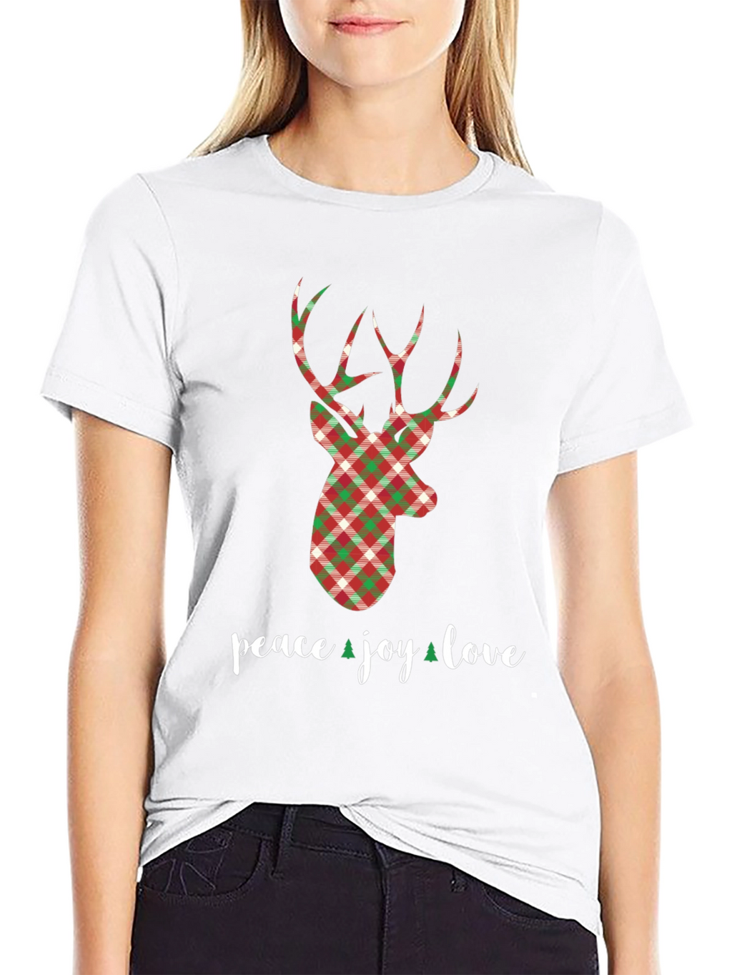 Holiday Plaid Deer T-Shirt - Peace Joy Love