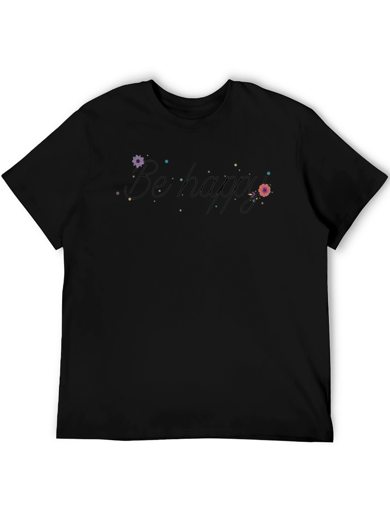 Be Happy Floral Graphic Tee - Black Crew Neck Casual Shirt