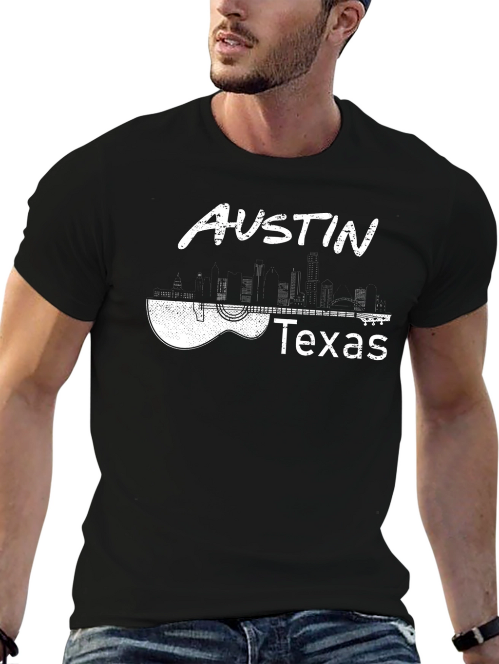 Austin Texas Guitar T-Shirt - City Skyline Design
