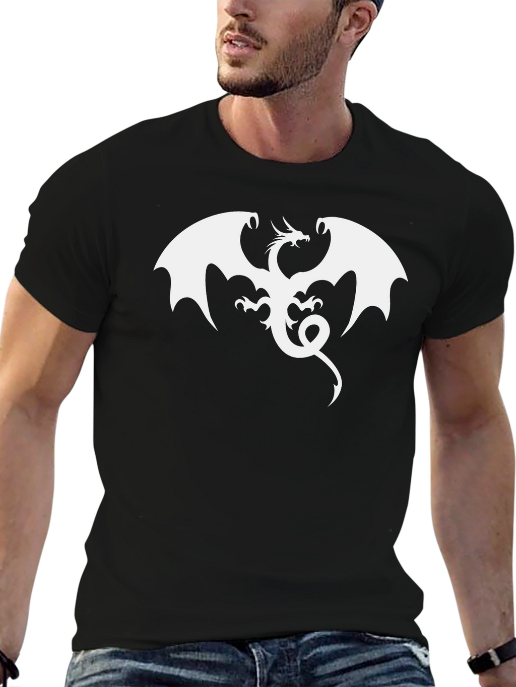 Black T-Shirt with White Dragon Graphic
