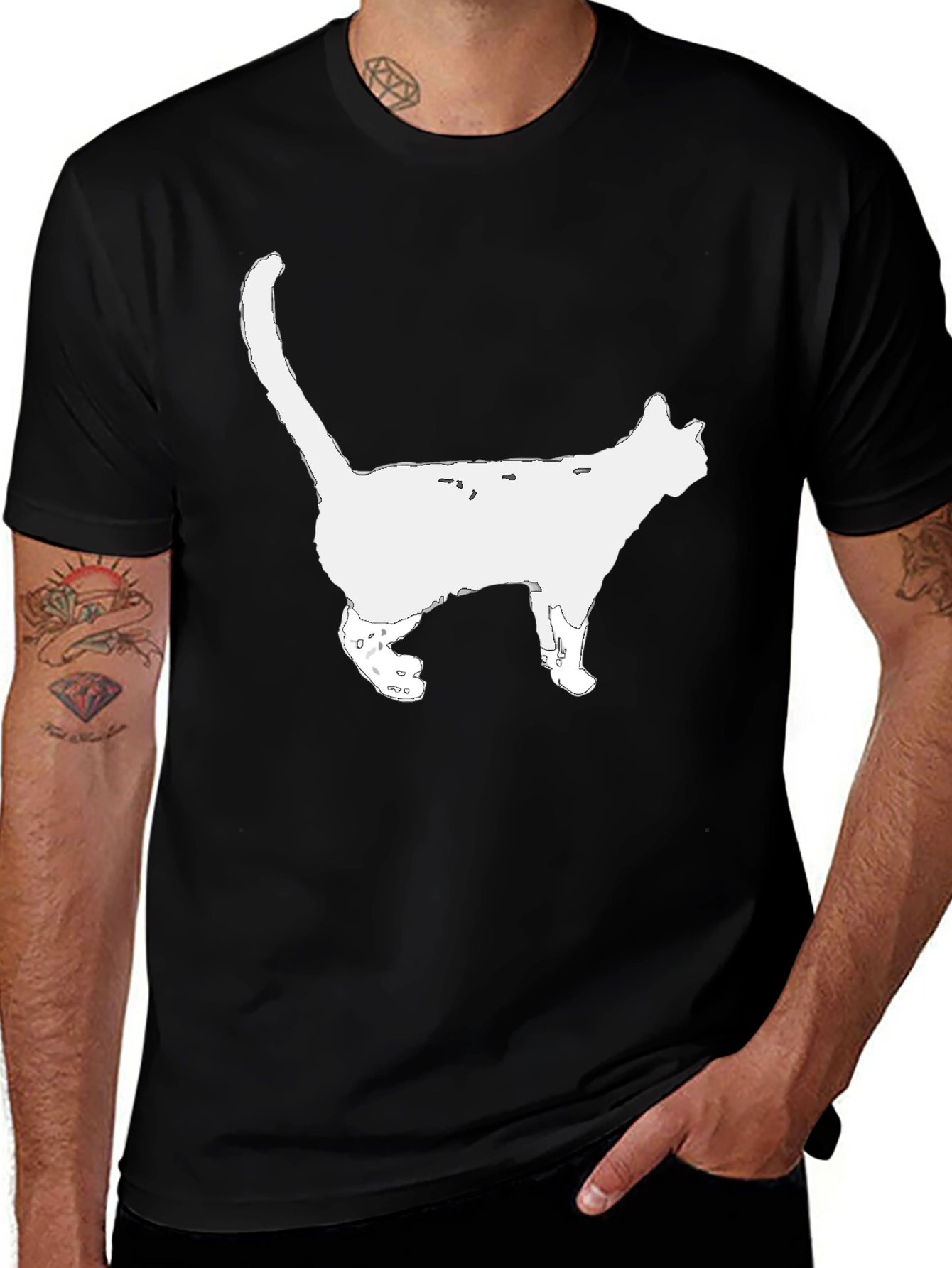 Cat Silhouette Graphic Tee - Black Cotton T-Shirt