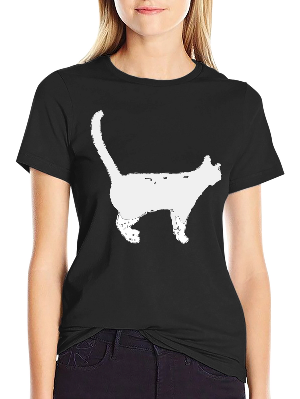 Cat Silhouette Graphic Tee - Black Cotton T-Shirt
