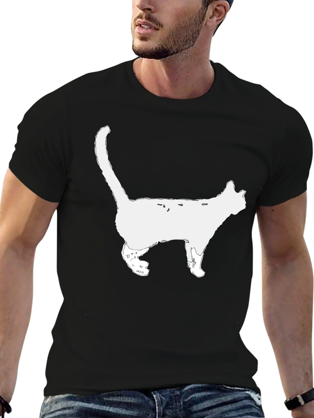 Cat Silhouette Graphic Tee - Black Cotton T-Shirt