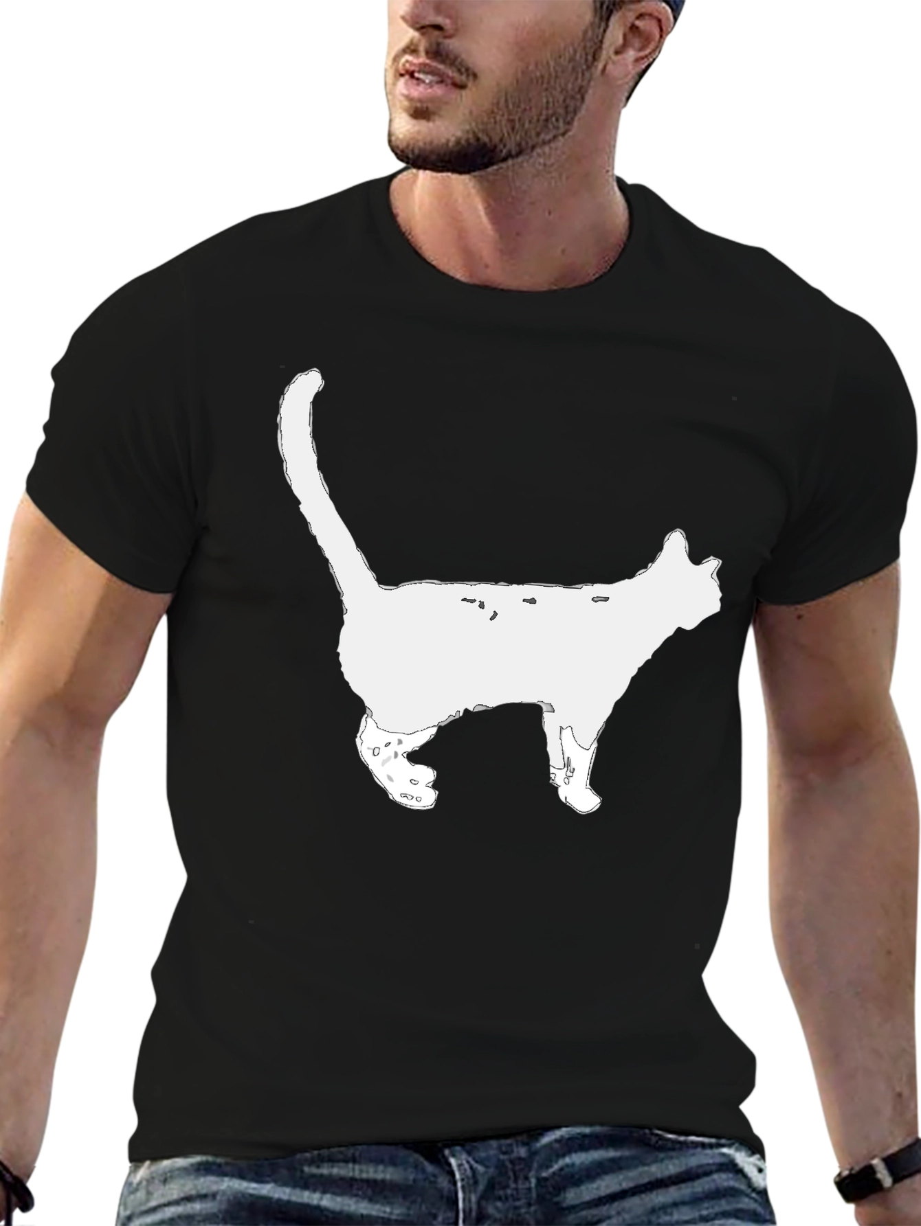 Cat Silhouette Graphic Tee - Black Cotton T-Shirt