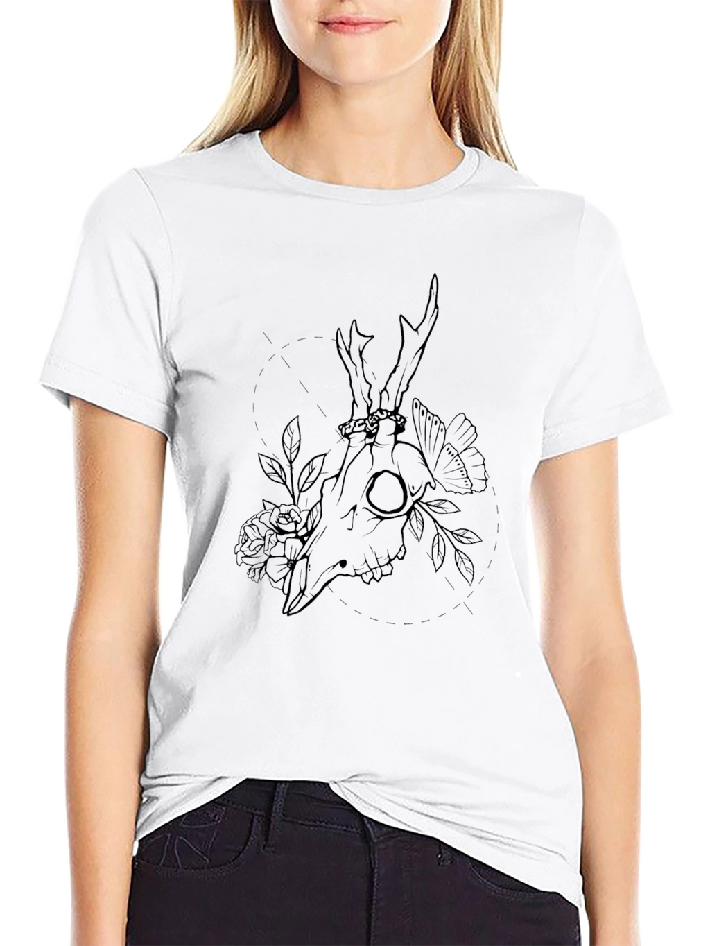 Mens Black Deer Skull Floral Graphic Tee