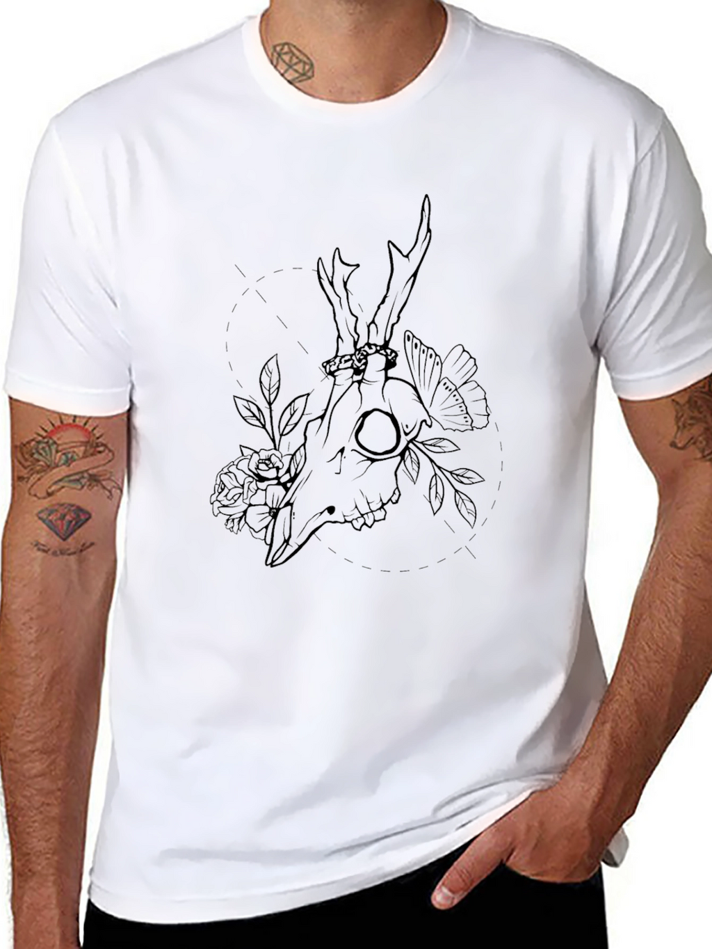Mens Black Deer Skull Floral Graphic Tee