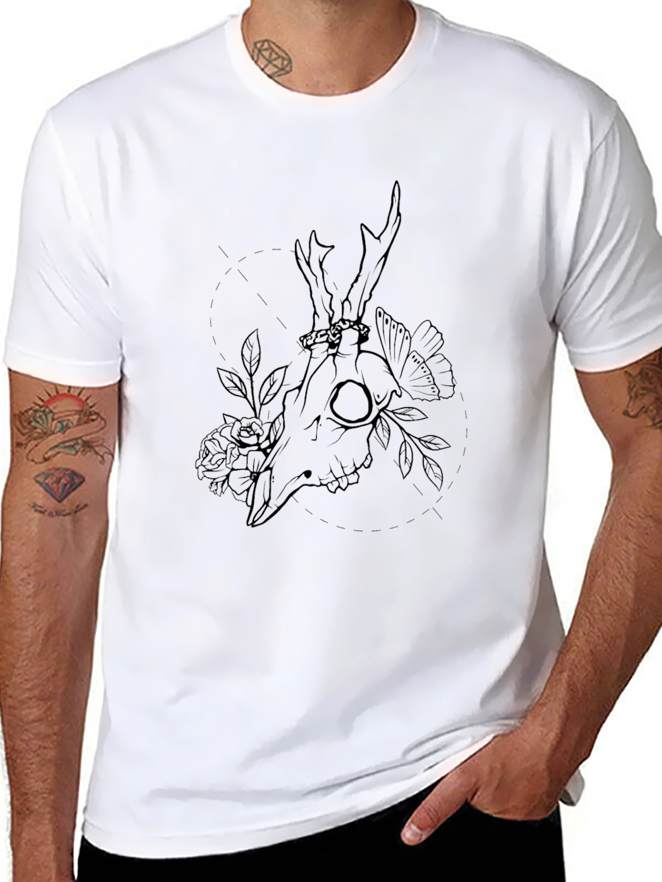 Mens Black Deer Skull Floral Graphic Tee