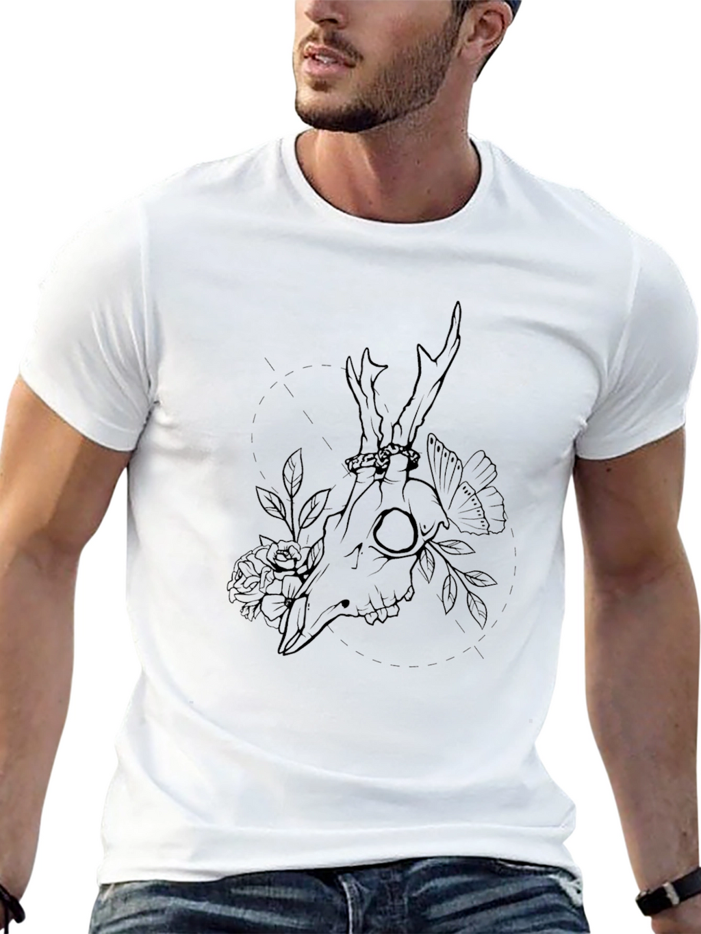 Mens Black Deer Skull Floral Graphic Tee