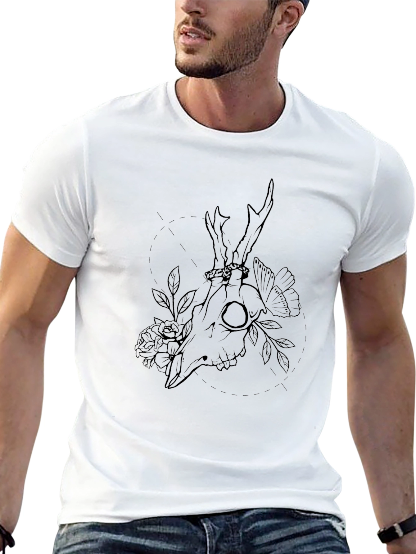 Mens Black Deer Skull Floral Graphic Tee