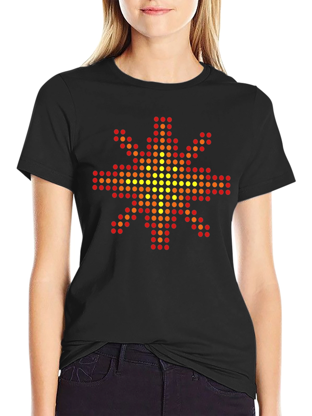Geometric Pixel Sun Graphic Tee - Black Cotton