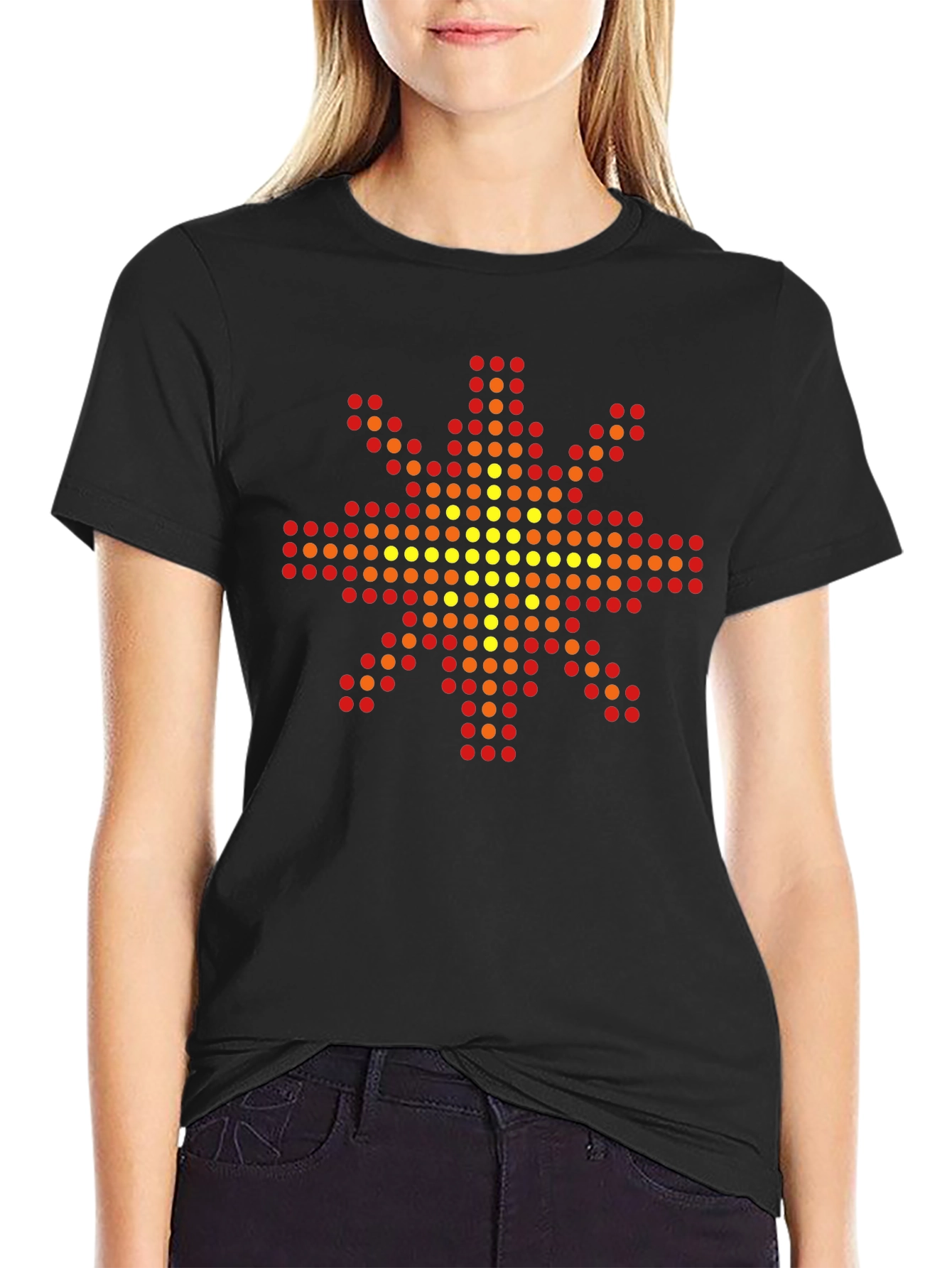 Geometric Pixel Sun Graphic Tee - Black Cotton