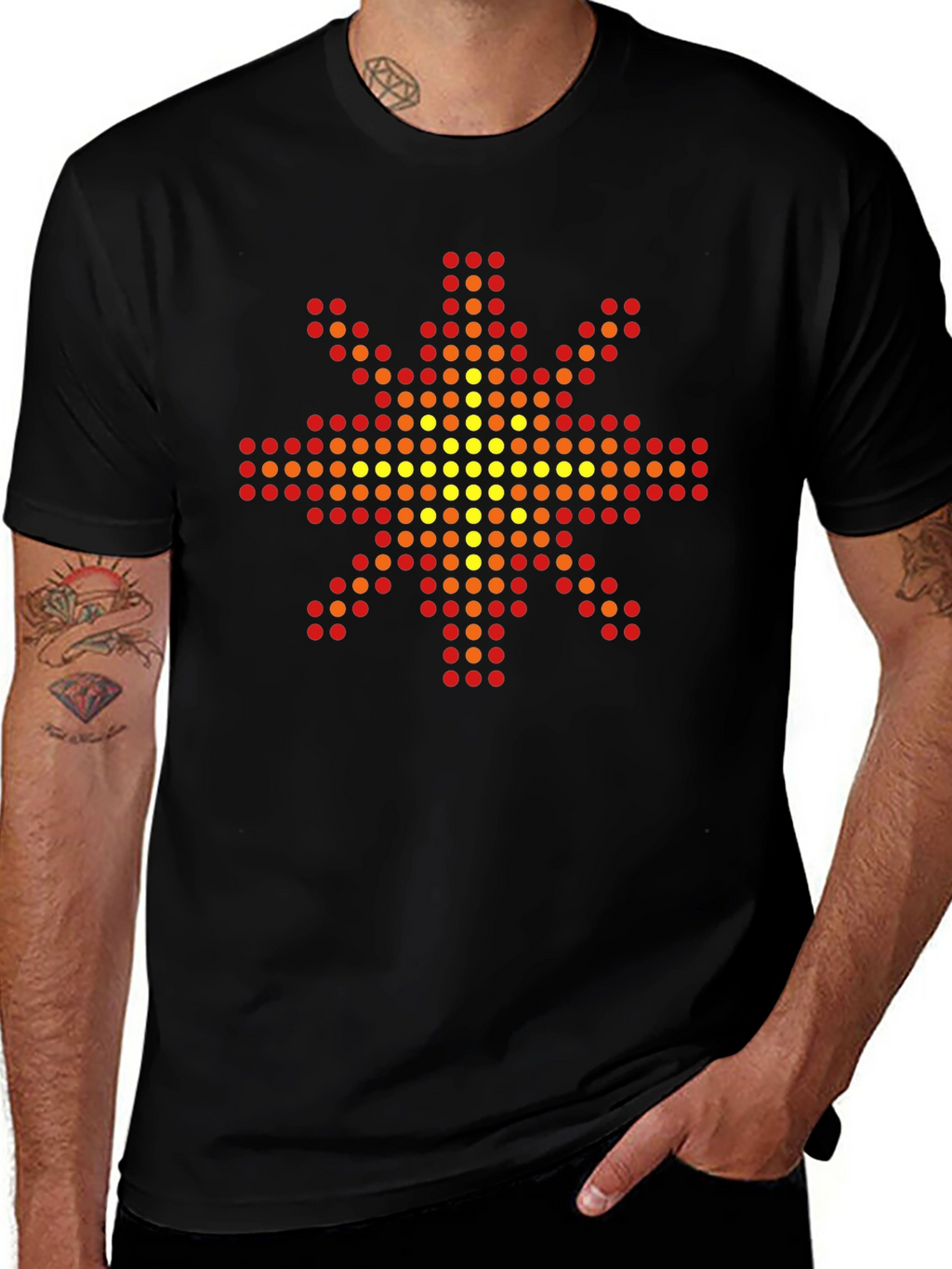 Geometric Pixel Sun Graphic Tee - Black Cotton