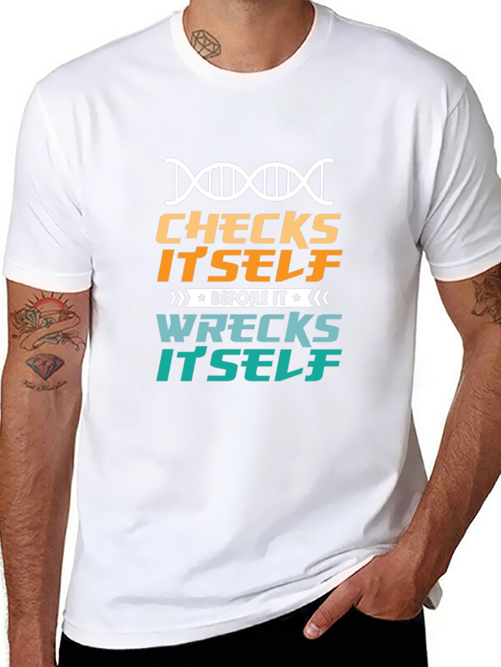 Checks Itself Before It Wrecks Itself Black T-Shirt