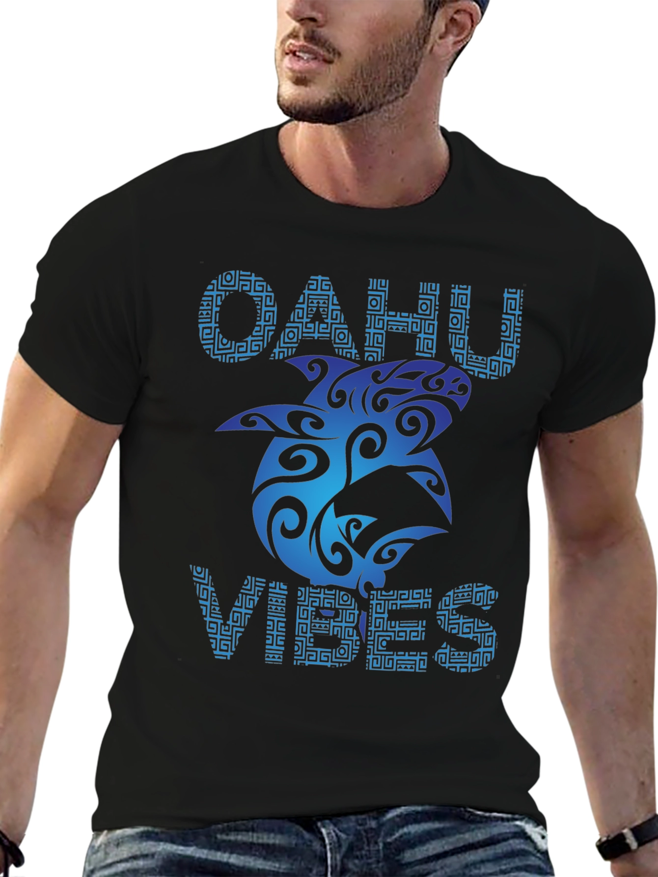 Oahu Vibes Black T-Shirt - Tribal Shark Design