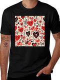Heart & Floral Patterned Mens Black Tee
