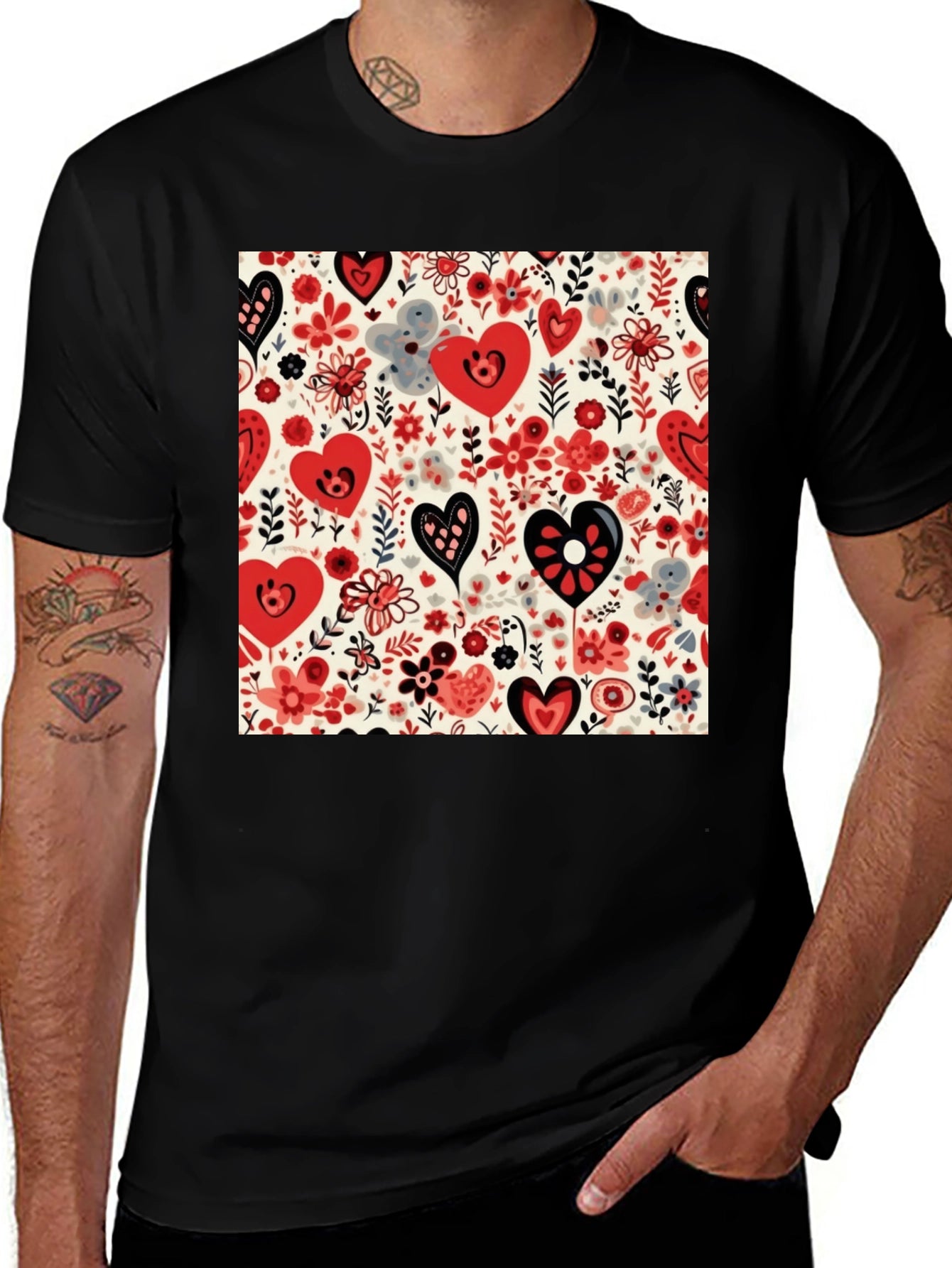 Heart & Floral Patterned Mens Black Tee