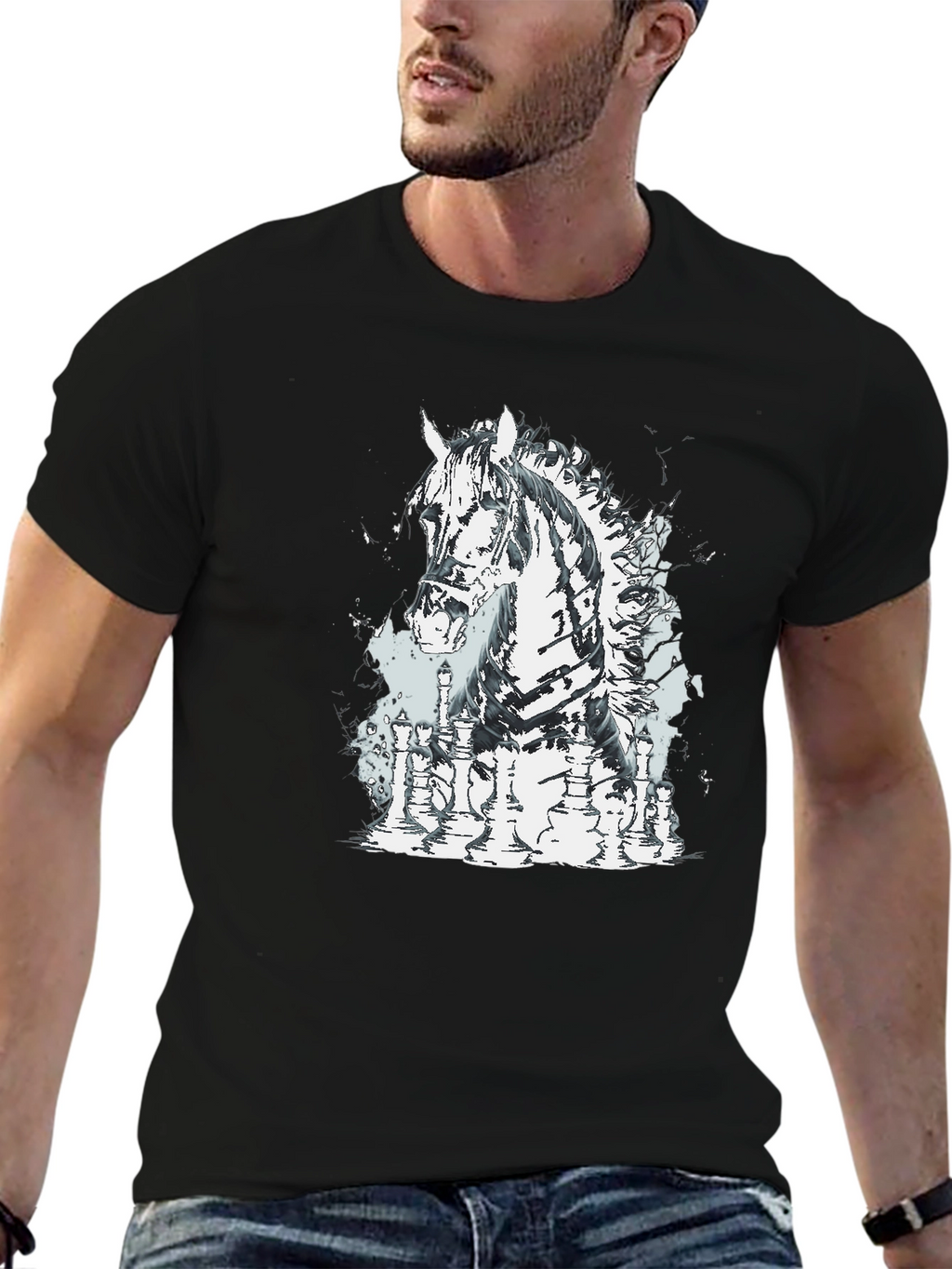 Chess Horse Graphic Tee - Stylish Black T-Shirt