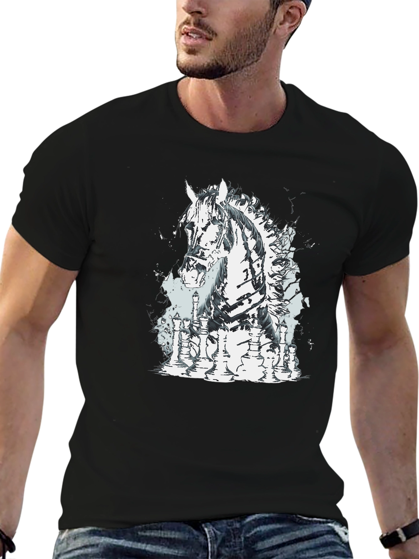 Chess Horse Graphic Tee - Stylish Black T-Shirt