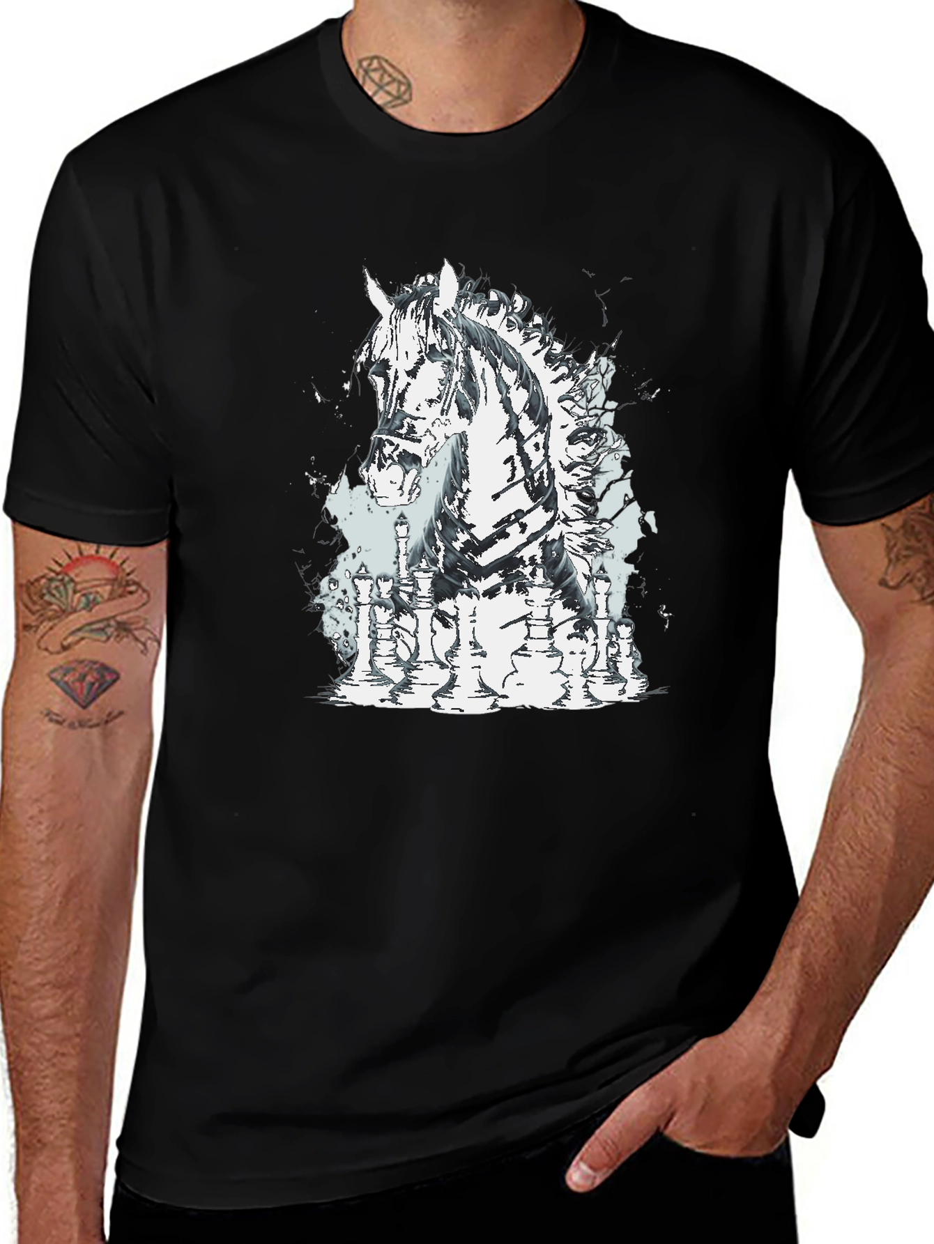 Chess Horse Graphic Tee - Stylish Black T-Shirt