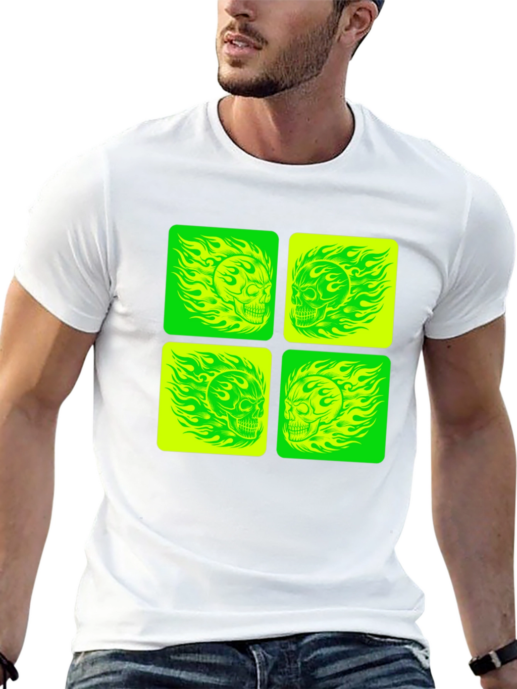 Skull Graphic Tee - Neon Green & Yellow