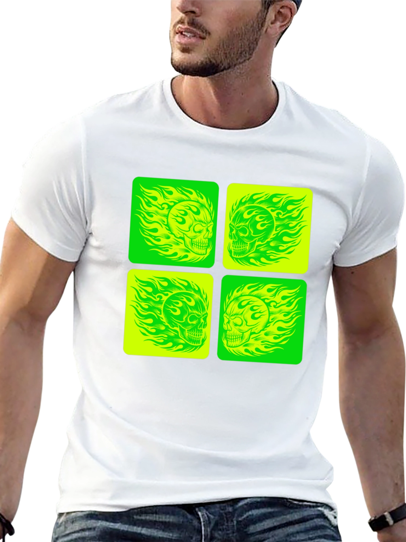 Skull Graphic Tee - Neon Green & Yellow