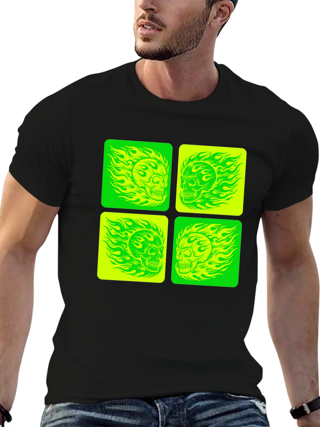 Skull Graphic Tee - Neon Green & Yellow