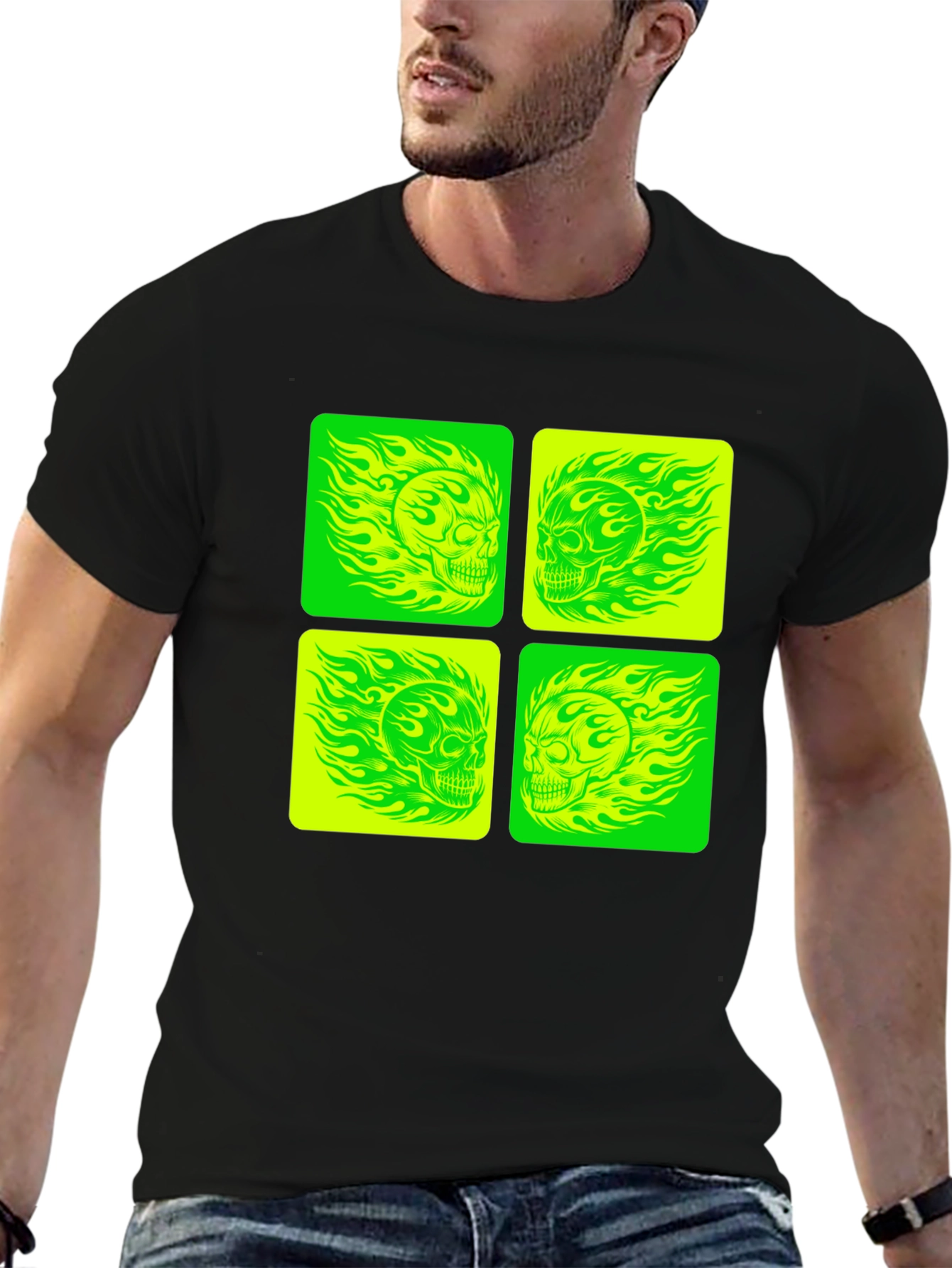Skull Graphic Tee - Neon Green & Yellow