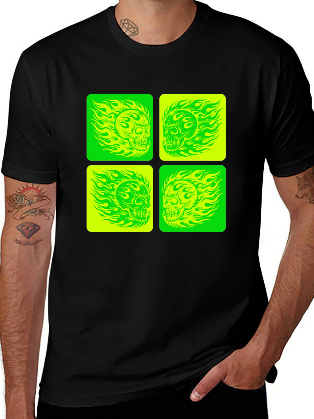 Skull Graphic Tee - Neon Green & Yellow