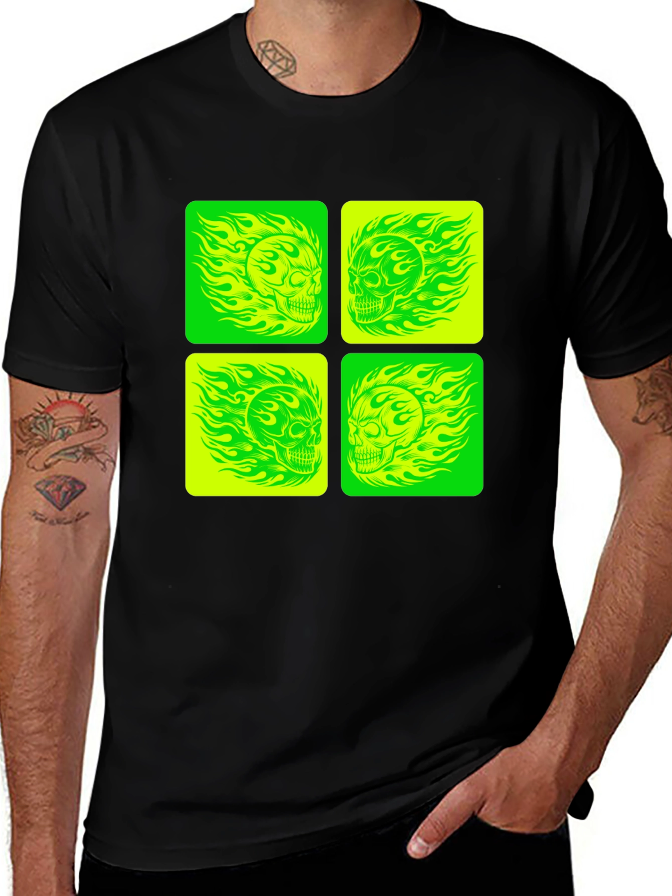 Skull Graphic Tee - Neon Green & Yellow
