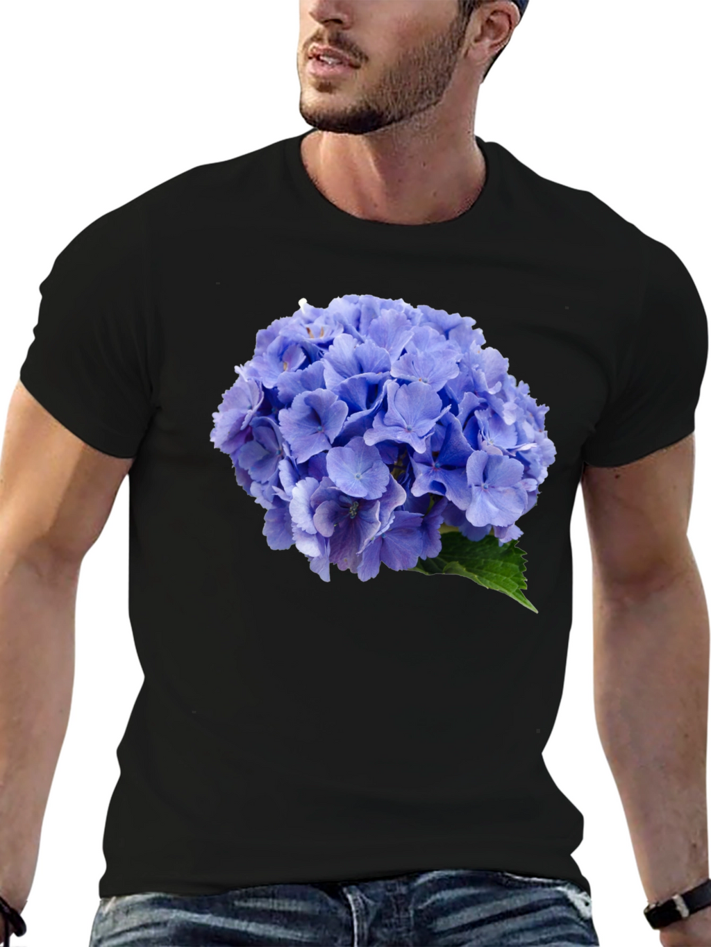 Blue Hydrangea Flower Print Black T-Shirt