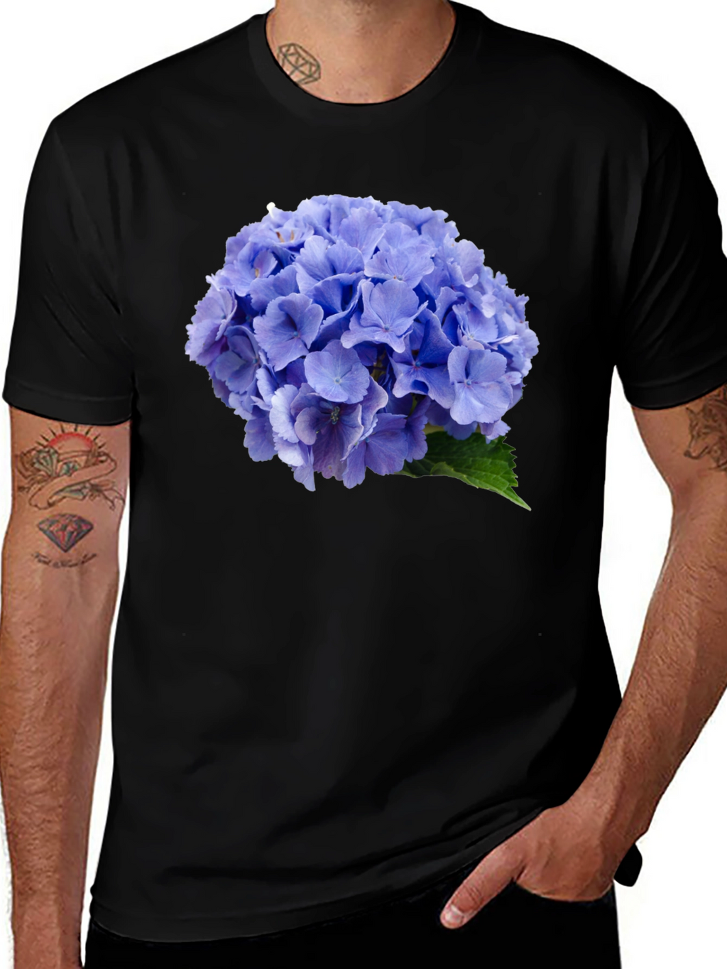 Blue Hydrangea Flower Print Black T-Shirt