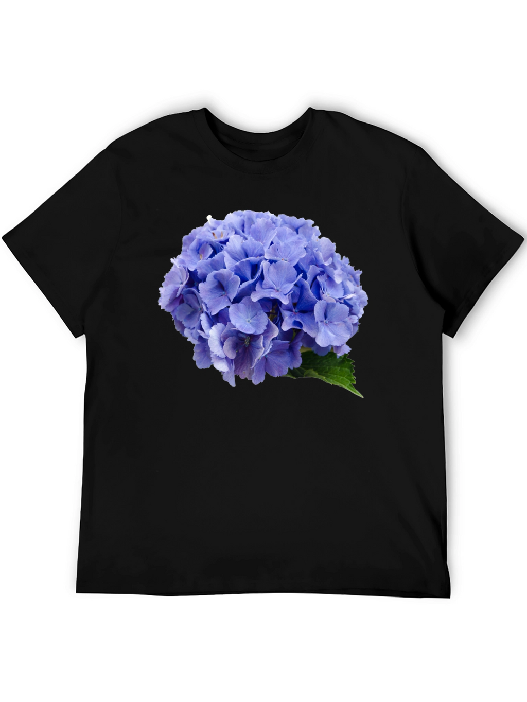 Blue Hydrangea Flower Print Black T-Shirt