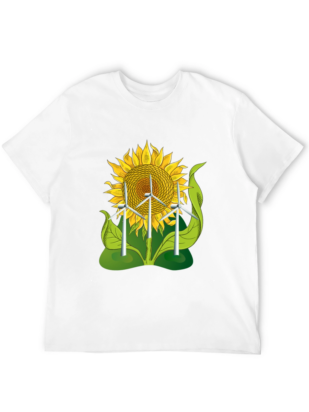Sunflower & Wind Turbine Graphic Tee - Eco-Friendly Design