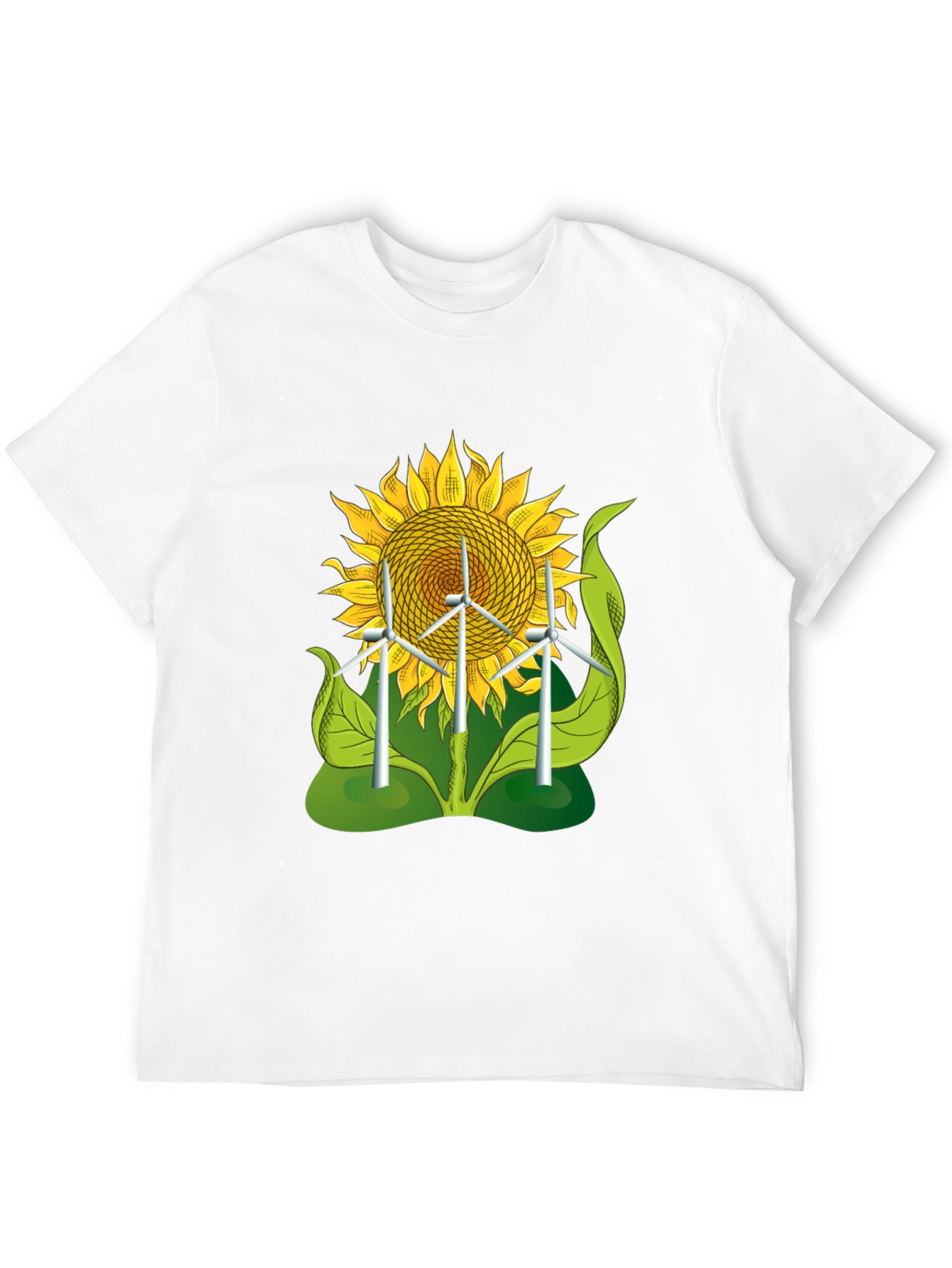 Sunflower & Wind Turbine Graphic Tee - Eco-Friendly Design
