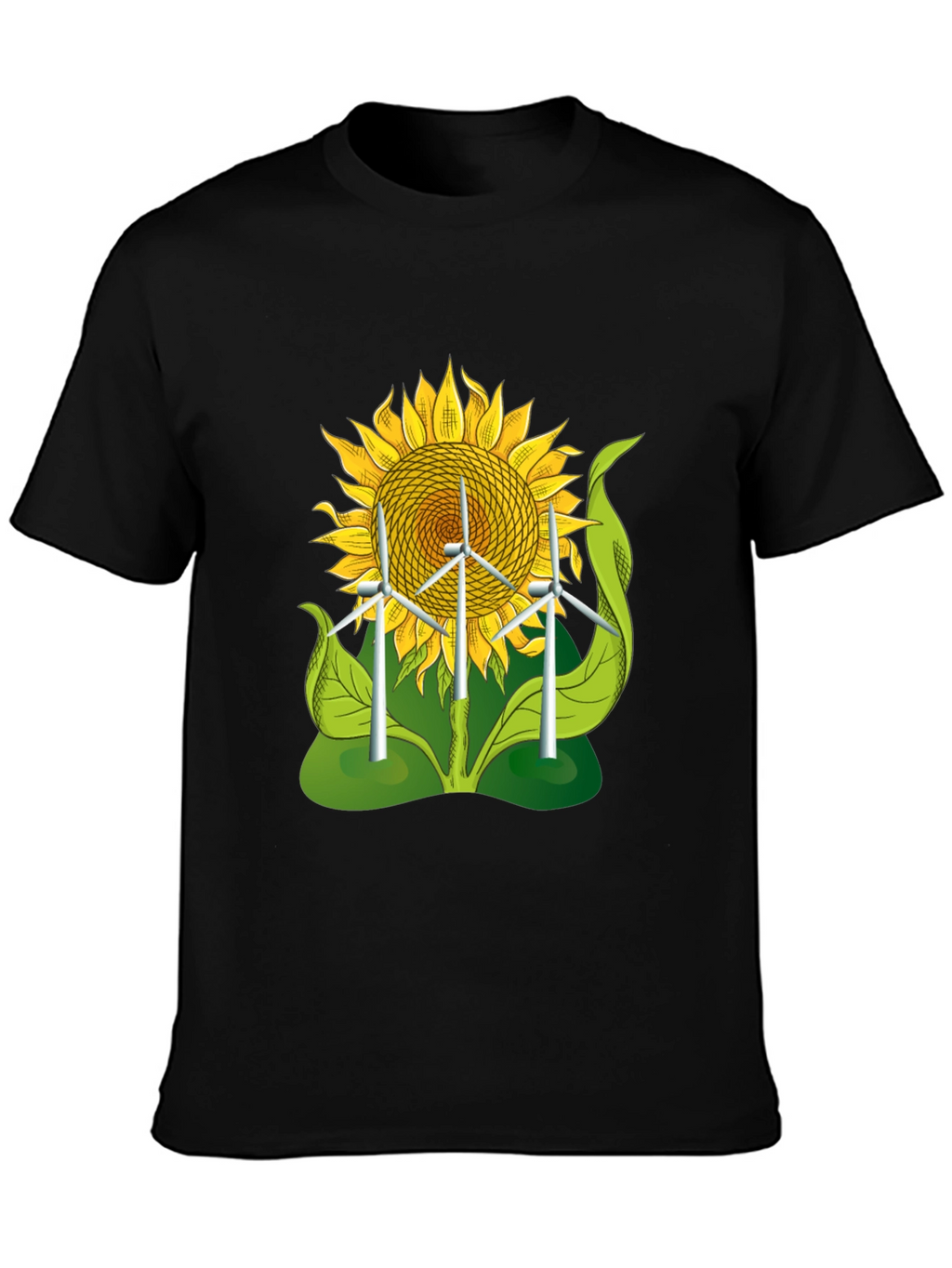 Sunflower & Wind Turbine Graphic Tee - Eco-Friendly Design
