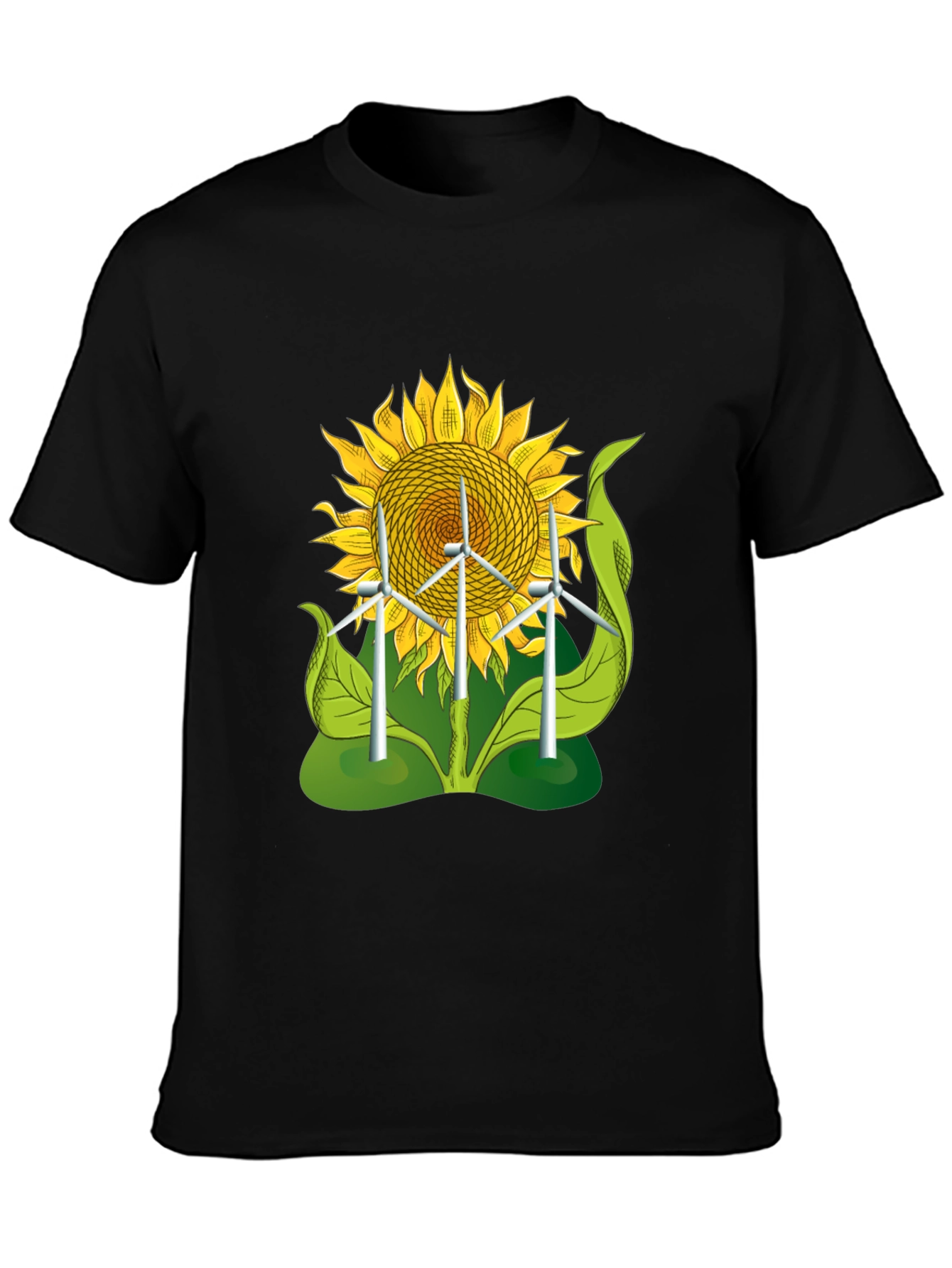 Sunflower & Wind Turbine Graphic Tee - Eco-Friendly Design