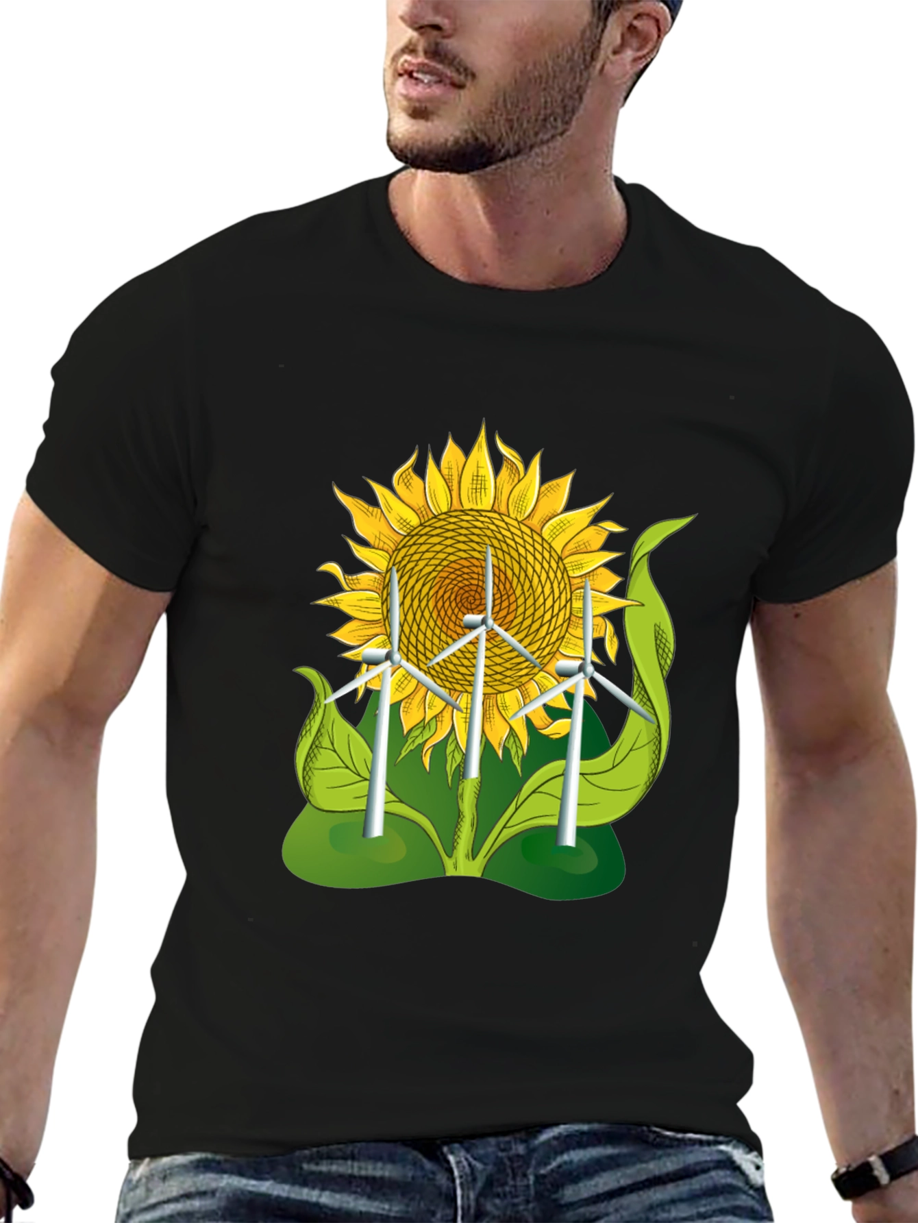 Sunflower & Wind Turbine Graphic Tee - Eco-Friendly Design