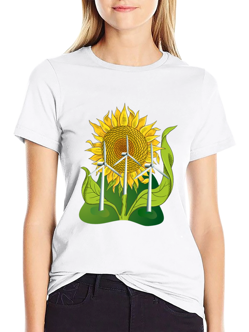 Sunflower & Wind Turbine Graphic Tee - Eco-Friendly Design
