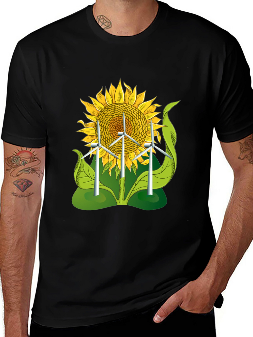 Sunflower & Wind Turbine Graphic Tee - Eco-Friendly Design