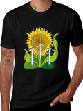 Sunflower & Wind Turbine Graphic Tee - Eco-Friendly Design