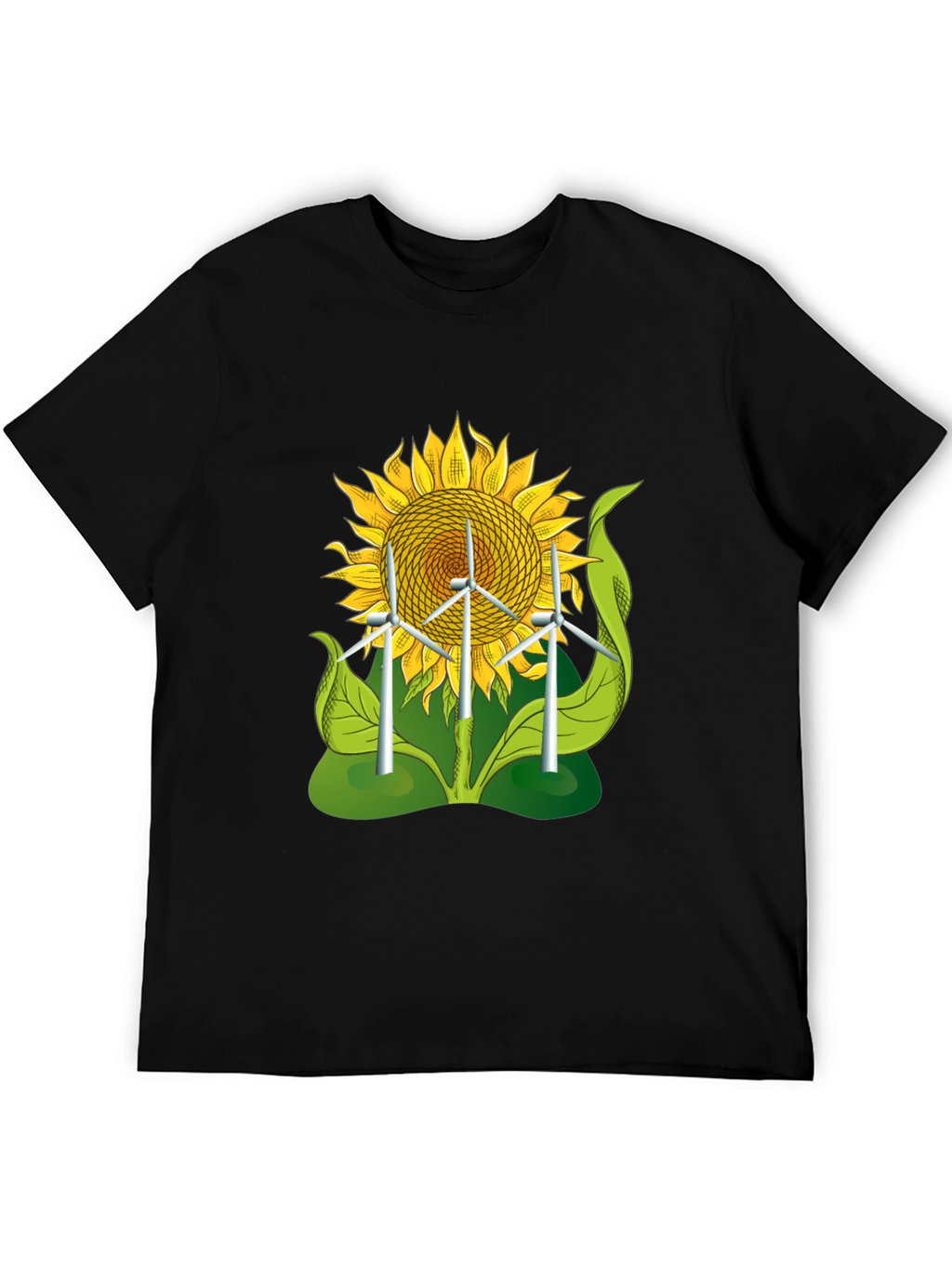 Sunflower & Wind Turbine Graphic Tee - Eco-Friendly Design