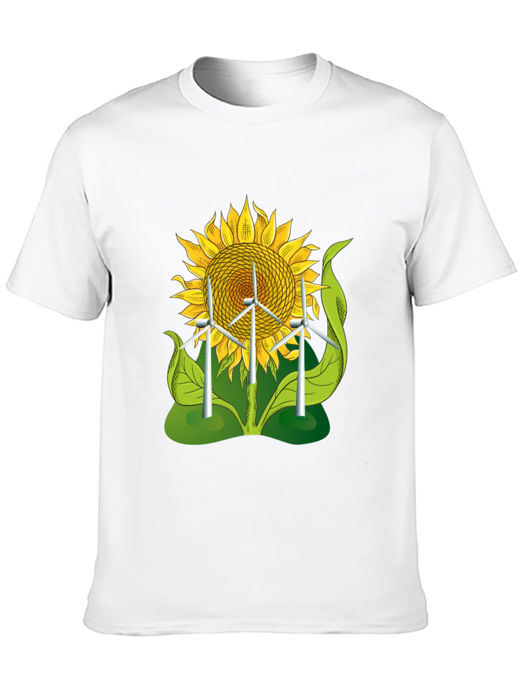 Sunflower & Wind Turbine Graphic Tee - Eco-Friendly Design