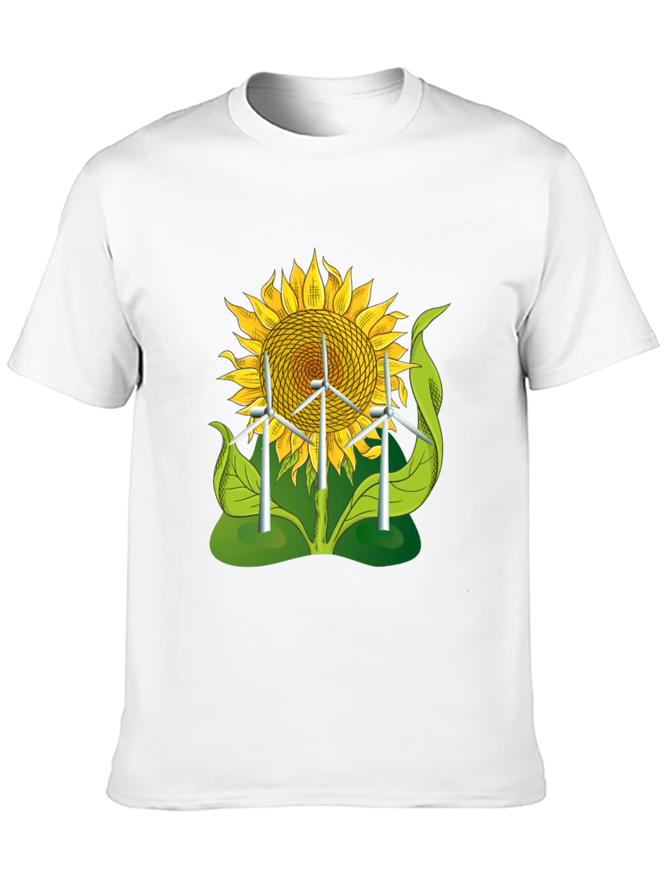 Sunflower & Wind Turbine Graphic Tee - Eco-Friendly Design