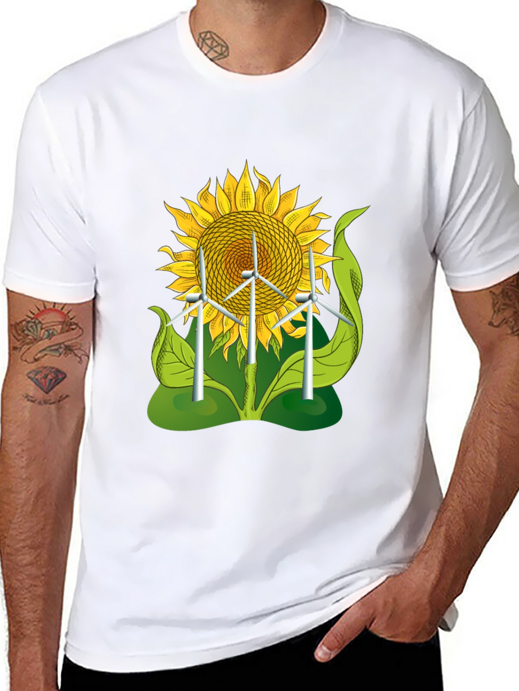 Sunflower & Wind Turbine Graphic Tee - Eco-Friendly Design