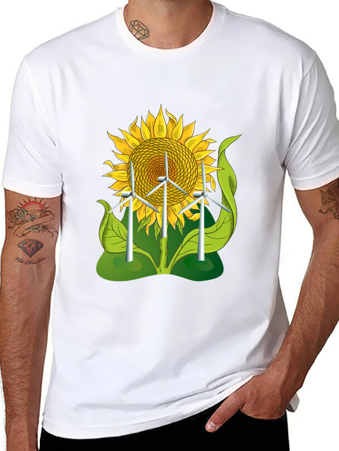 Sunflower & Wind Turbine Graphic Tee - Eco-Friendly Design