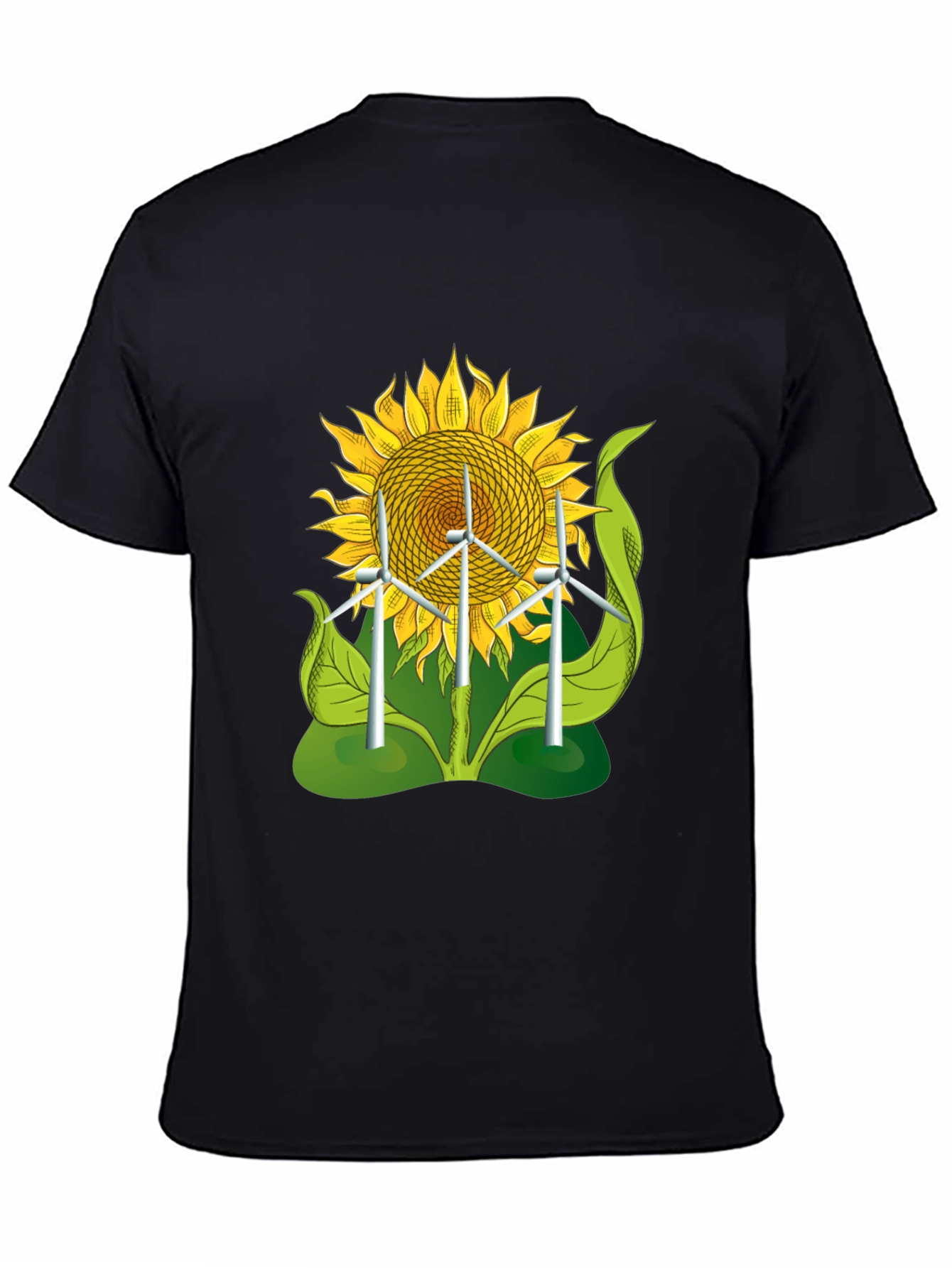Sunflower & Wind Turbine Graphic Tee - Eco-Friendly Design