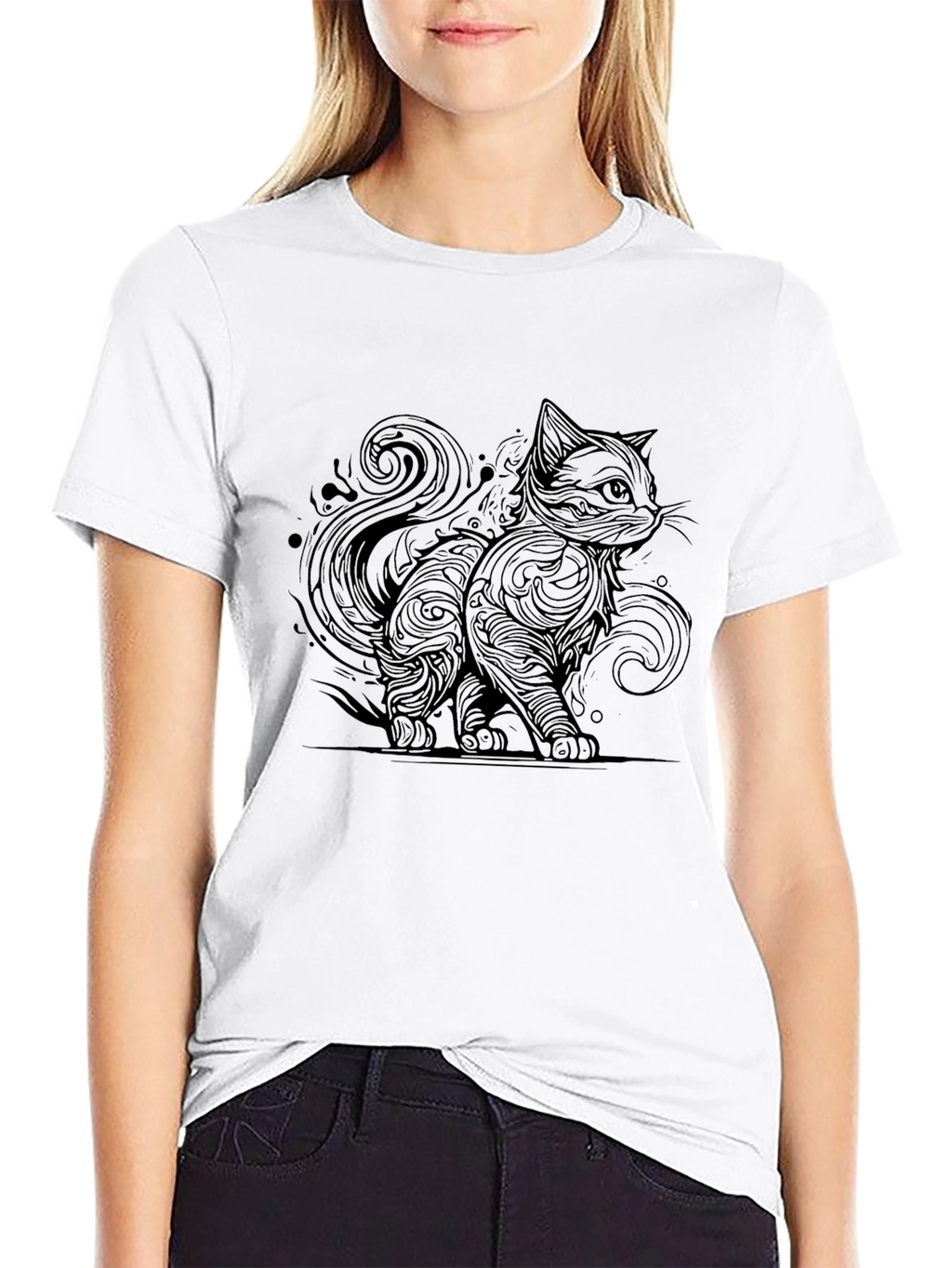 Black Cat Swirl Design T-Shirt