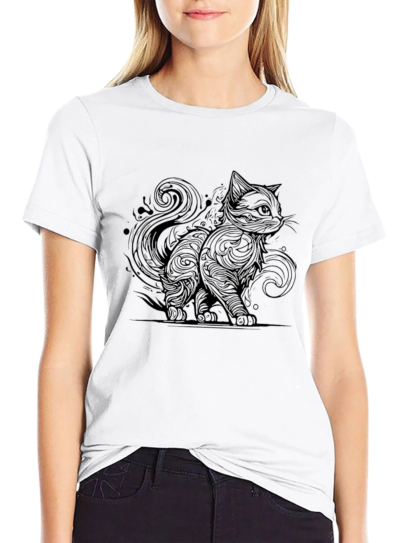 Black Cat Swirl Design T-Shirt