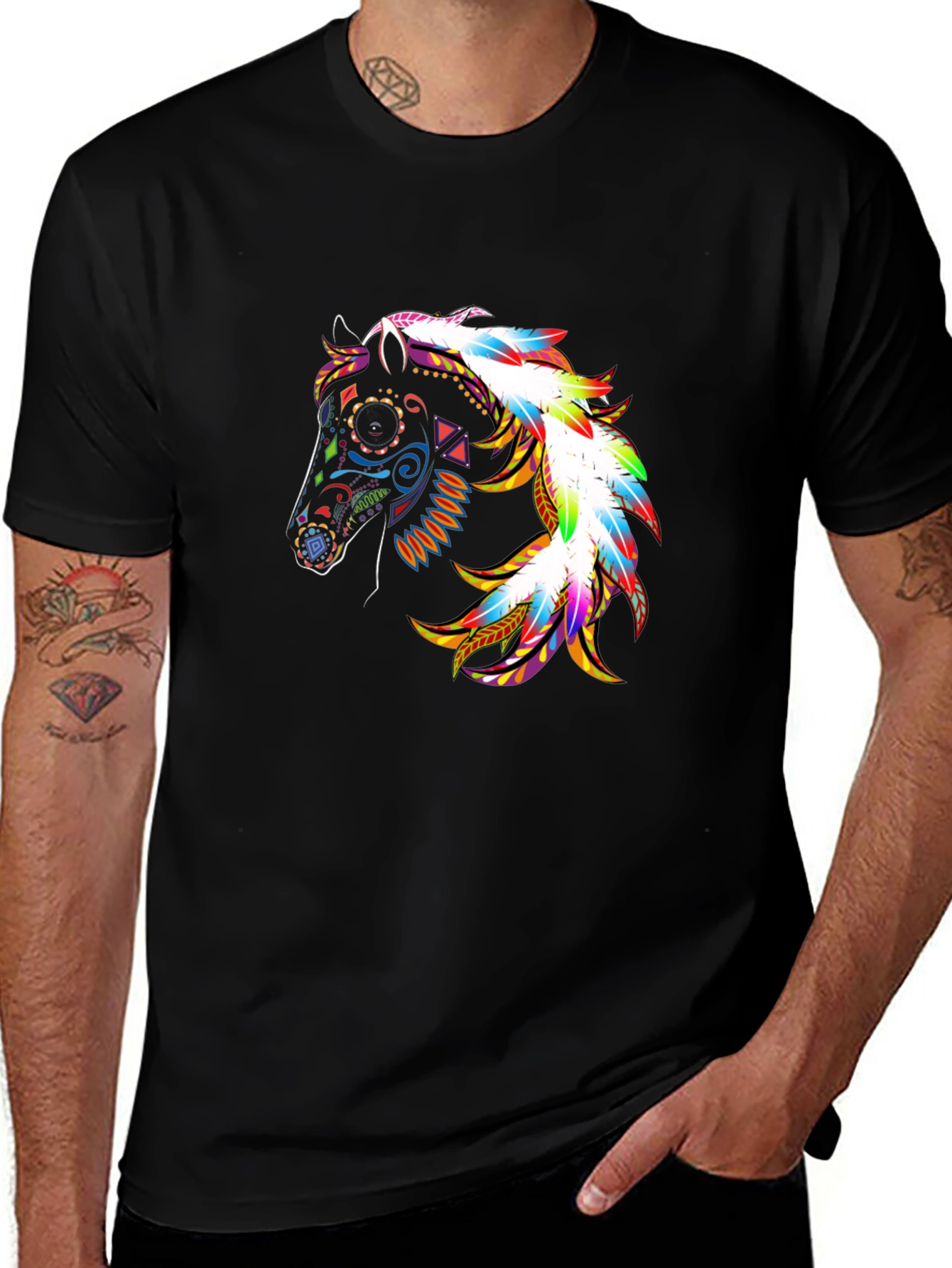Colorful Horse Graphic Black T-Shirt
