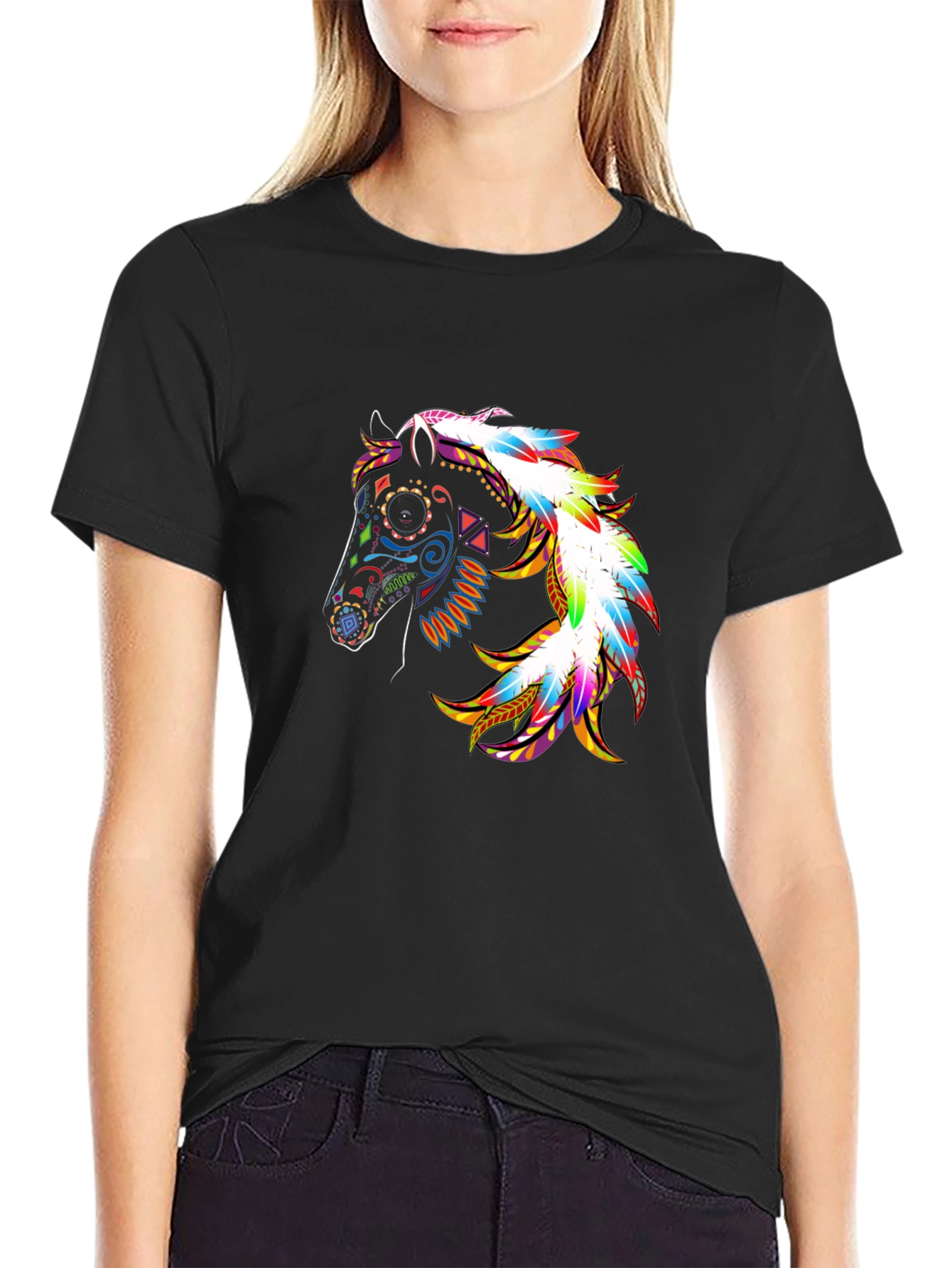 Colorful Horse Graphic Black T-Shirt